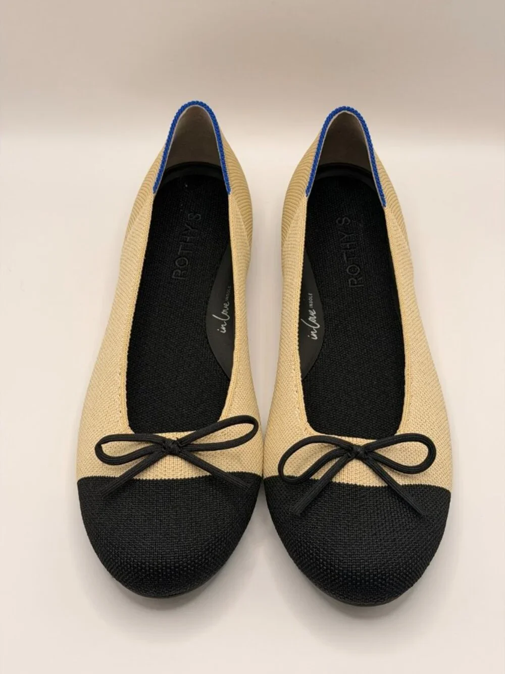 Rothy's Womens Knit Cream & Black Bow Ballet Flat Sz 8.5